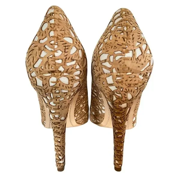 Alice + Olivia Dina Three Laser Cut Cork Pointed Toe Stiletto Pumps EU 40 Italy - Picture 7 of 10